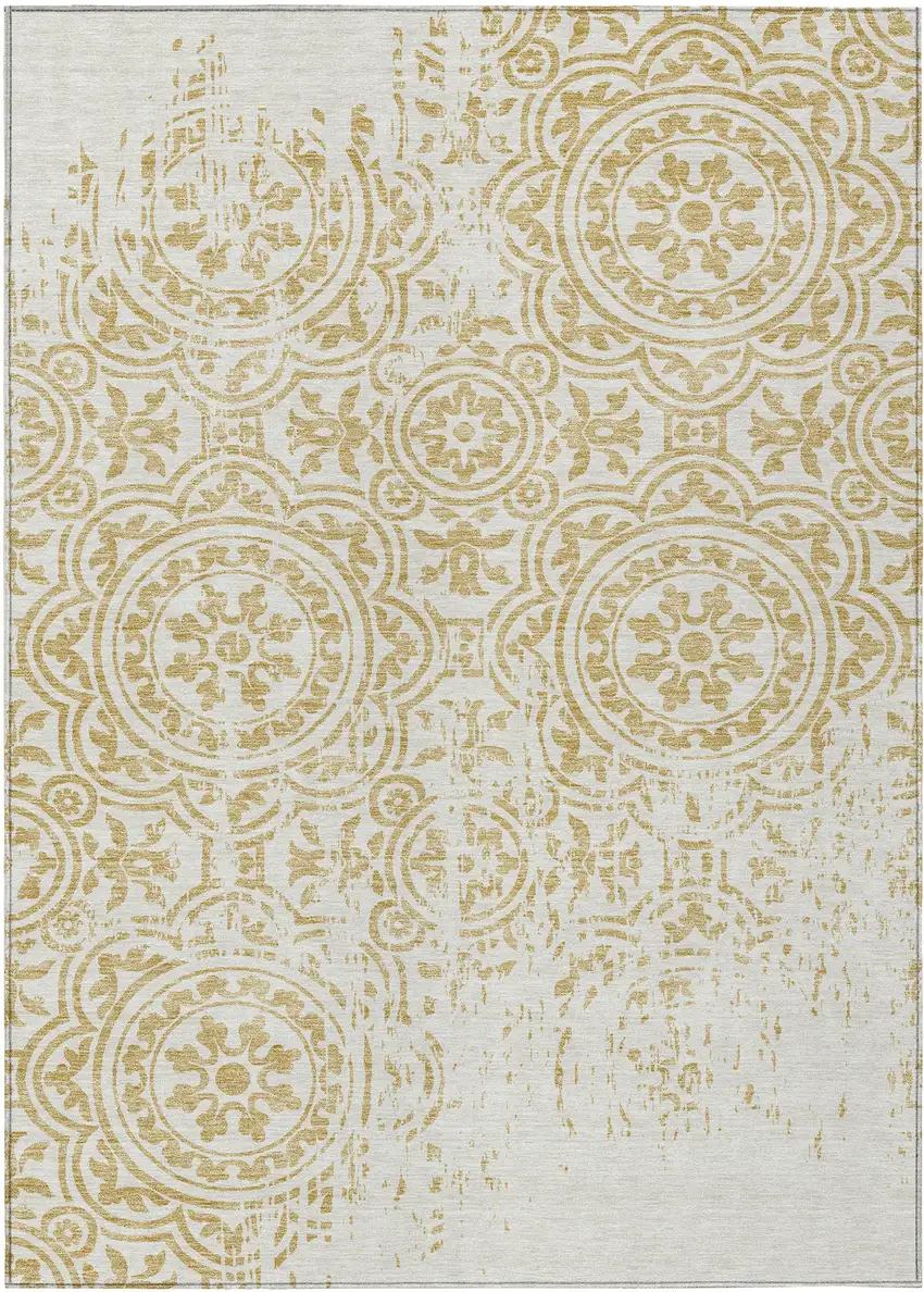 Gold And Ivory Medallion Washable Indoor Outdoor Area Rug Photo 1