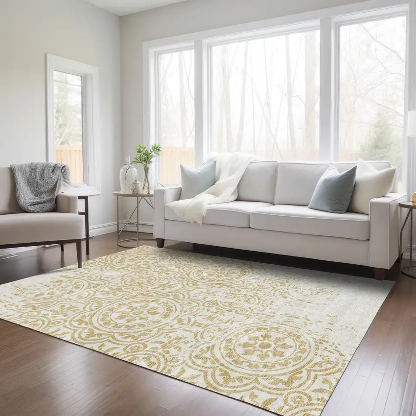 Gold And Ivory Medallion Washable Indoor Outdoor Area Rug Photo 7