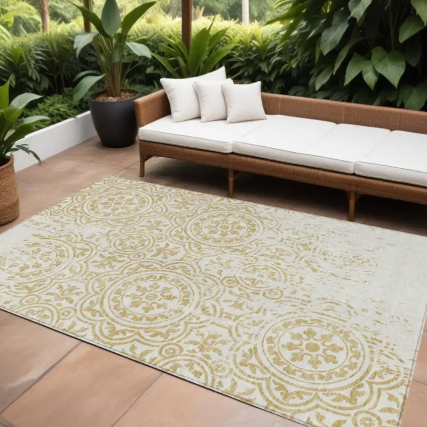 Gold And Ivory Medallion Washable Indoor Outdoor Area Rug Photo 1