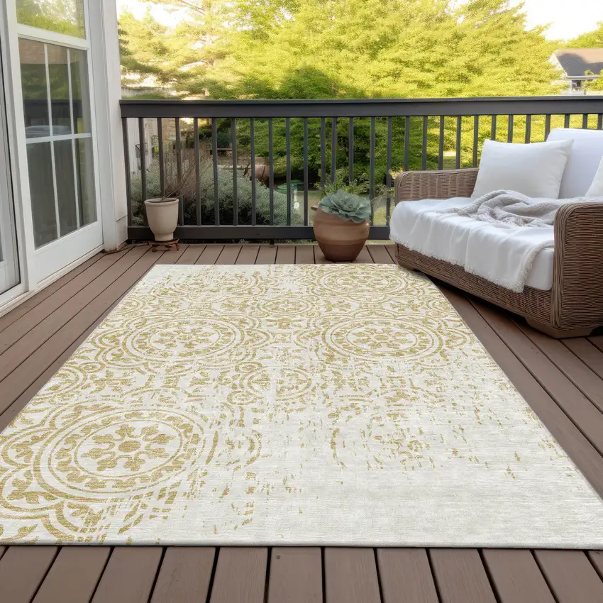Gold And Ivory Medallion Washable Indoor Outdoor Area Rug Photo 6
