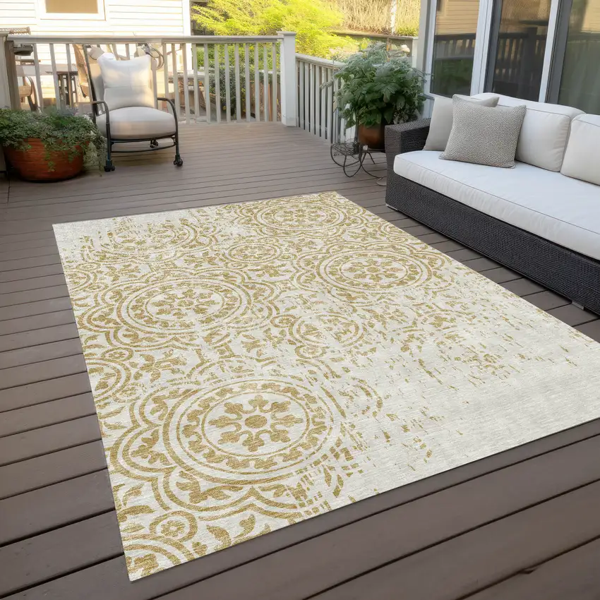 Gold And Ivory Medallion Washable Indoor Outdoor Area Rug Photo 8