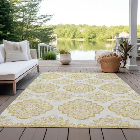 Gold And Ivory Medallion Washable Indoor Outdoor Area Rug Photo 8