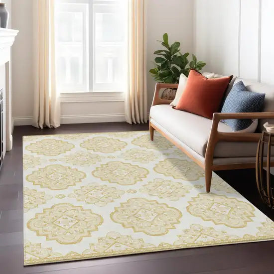 Gold And Ivory Medallion Washable Indoor Outdoor Area Rug Photo 9