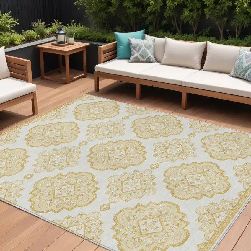 Gold And Ivory Medallion Washable Indoor Outdoor Area Rug Photo 1