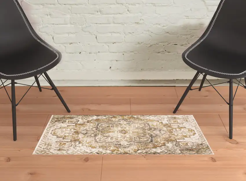 Gold And Ivory Oriental Power Loom Stain Resistant Area Rug With Fringe Photo 2