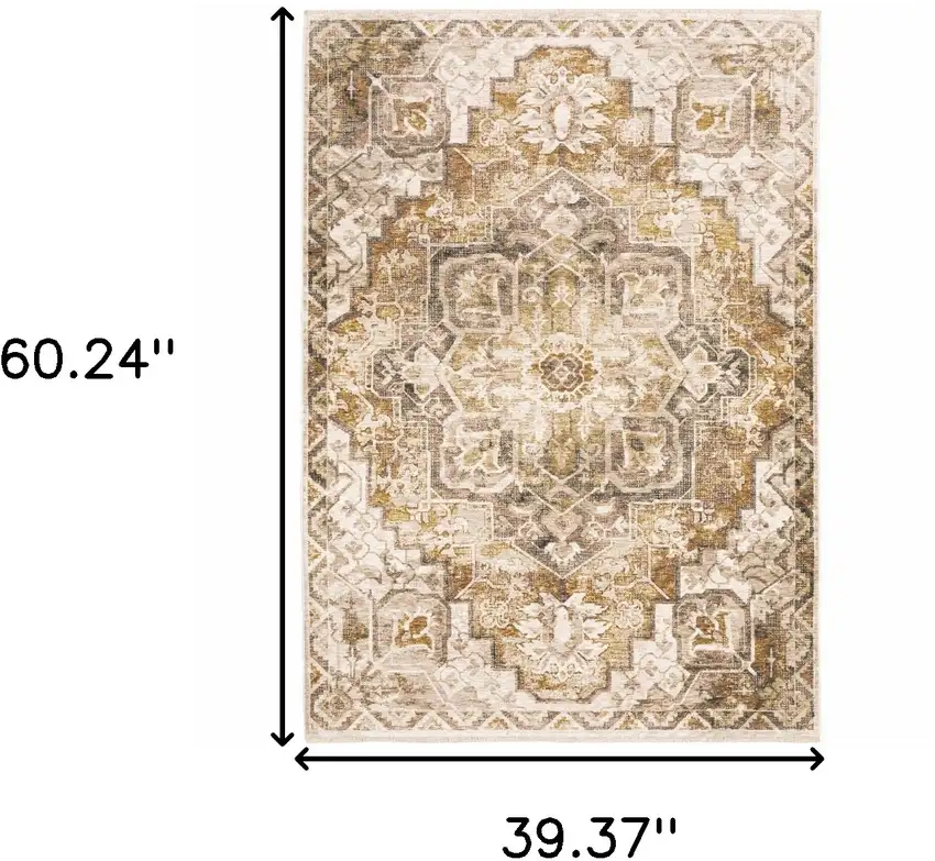 Gold And Ivory Oriental Power Loom Stain Resistant Area Rug With Fringe Photo 3