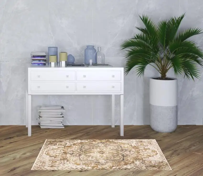 Gold And Ivory Oriental Power Loom Stain Resistant Area Rug With Fringe Photo 2