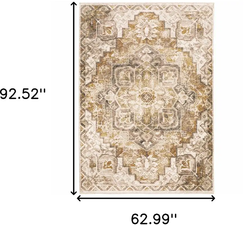 Gold And Ivory Oriental Power Loom Stain Resistant Area Rug With Fringe Photo 3