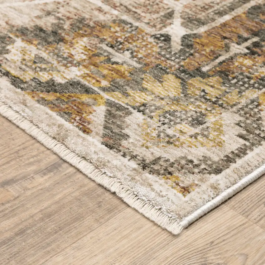 Gold And Brown Oriental Distressed Area Rug With Fringe Photo 8