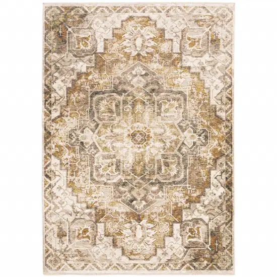 Gold And Brown Oriental Distressed Area Rug With Fringe Photo 2