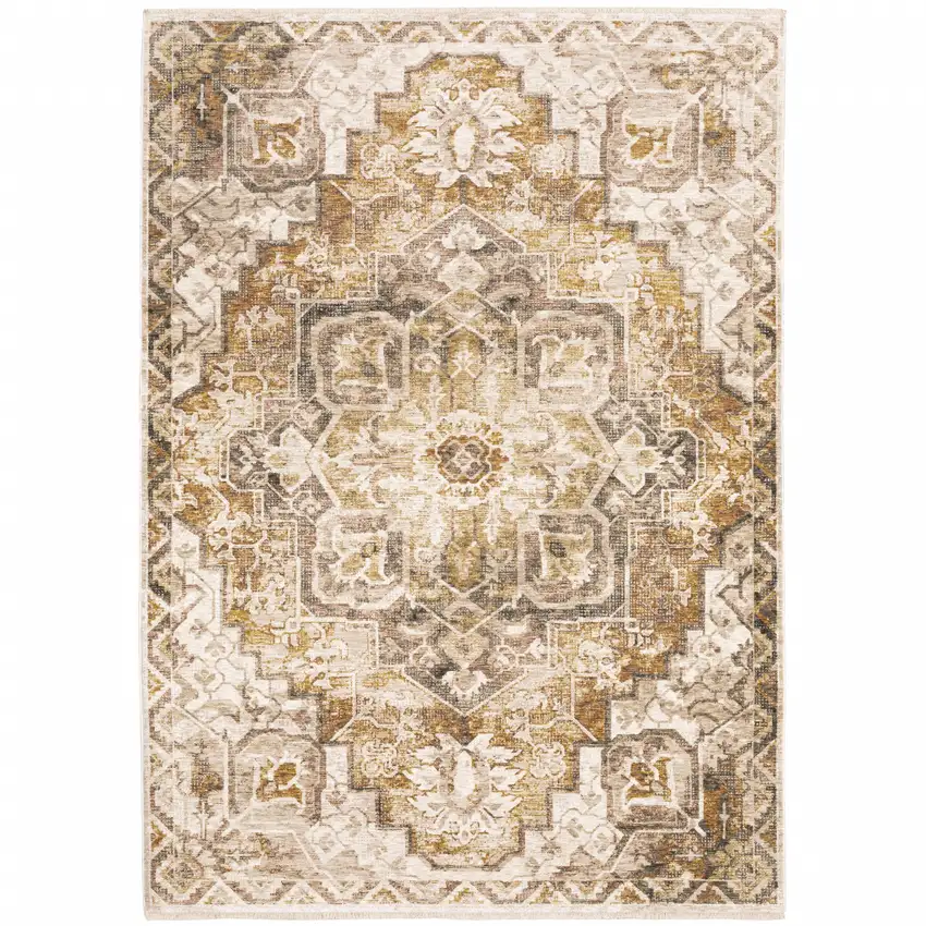 Gold And Brown Oriental Distressed Area Rug With Fringe Photo 2