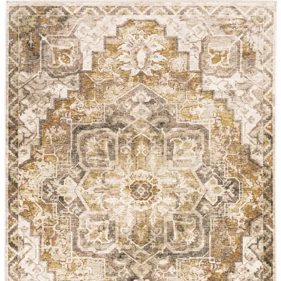 Gold And Brown Oriental Distressed Area Rug With Fringe Photo 7