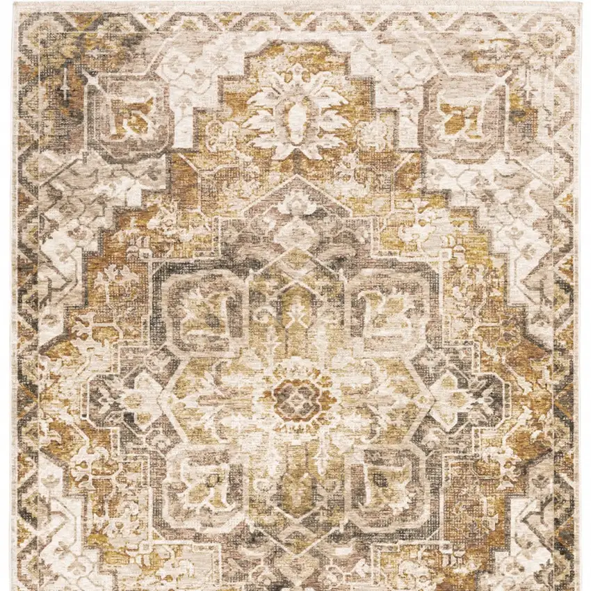 Gold And Brown Oriental Distressed Area Rug With Fringe Photo 7