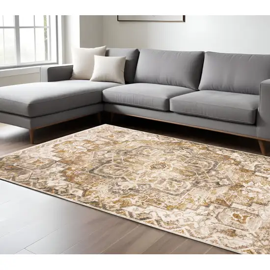 Gold And Brown Oriental Distressed Area Rug With Fringe Photo 1