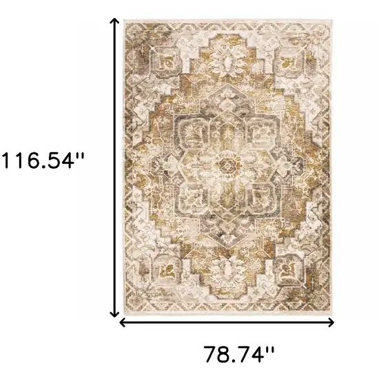 Gold And Brown Oriental Distressed Area Rug With Fringe Photo 3