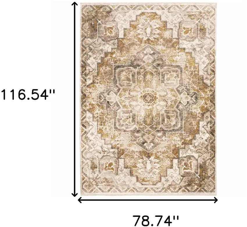 Gold And Brown Oriental Distressed Area Rug With Fringe Photo 3