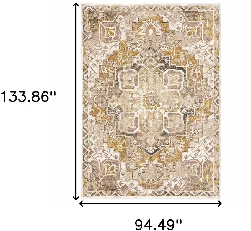 Gold And Ivory Oriental Power Loom Stain Resistant Area Rug With Fringe Photo 3