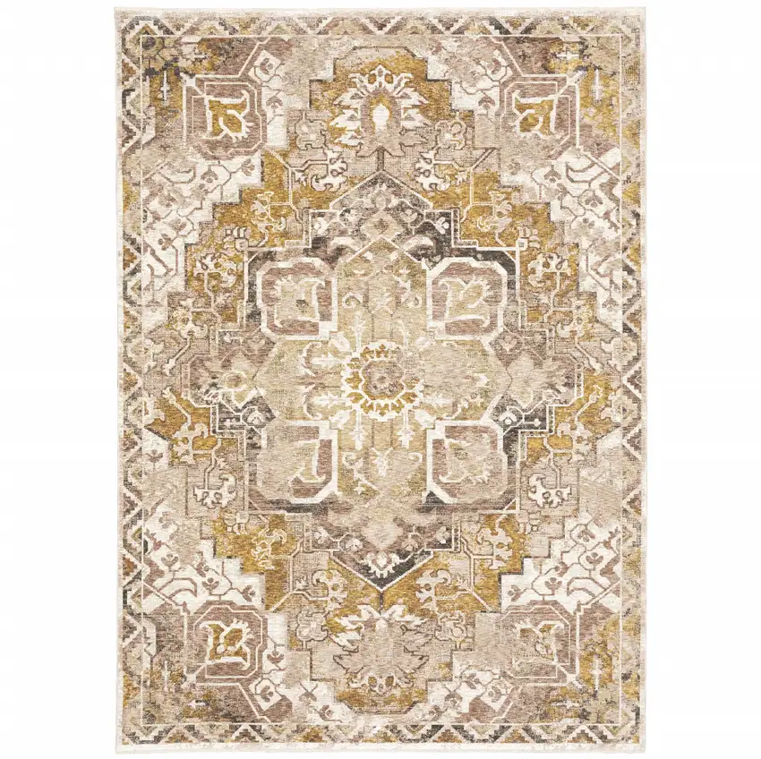 Gold And Ivory Oriental Power Loom Stain Resistant Area Rug With Fringe Photo 1