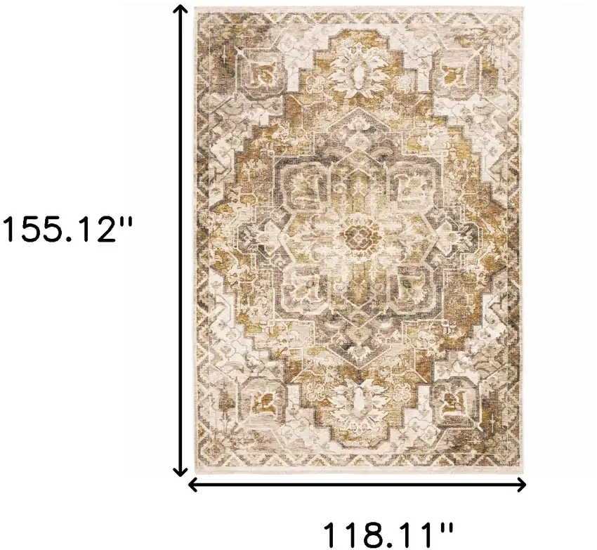 Gold And Ivory Oriental Power Loom Stain Resistant Area Rug With Fringe Photo 3