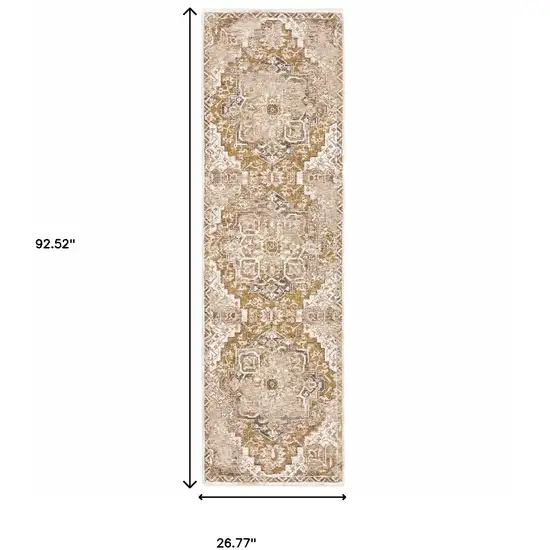2' X 8' Gold And Ivory Oriental Power Loom Stain Resistant Runner Rug With Fringe Photo 3