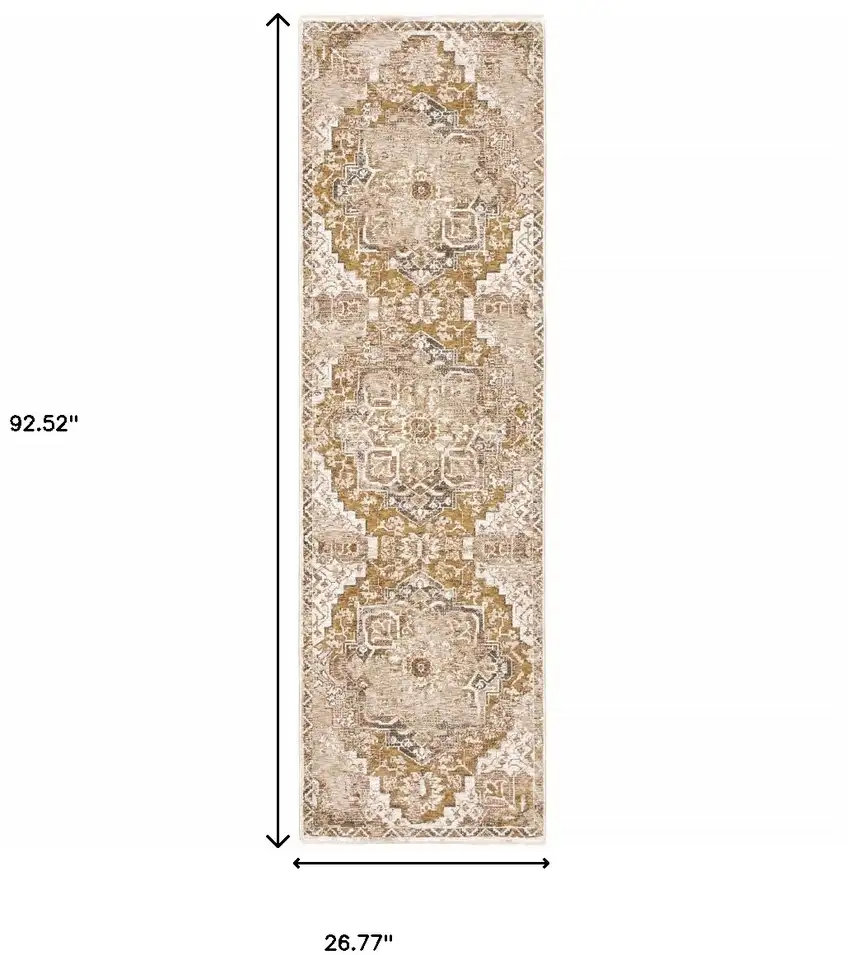2' X 8' Gold And Ivory Oriental Power Loom Stain Resistant Runner Rug With Fringe Photo 3
