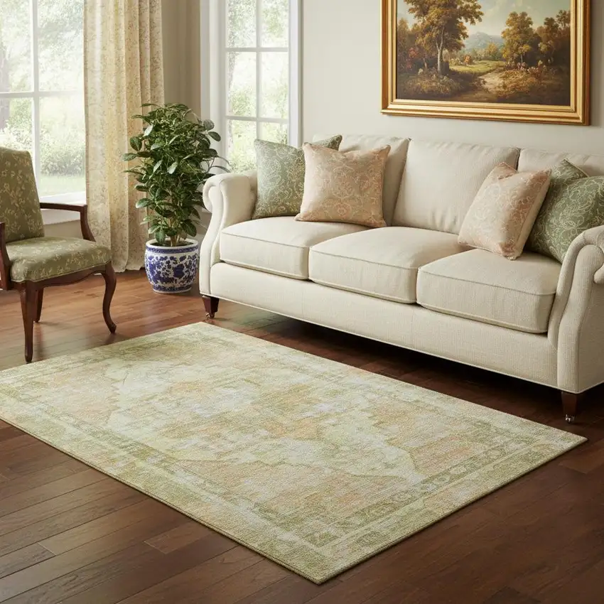 Gold And Ivory Oriental Washable Area Rug With UV Protection Photo 2