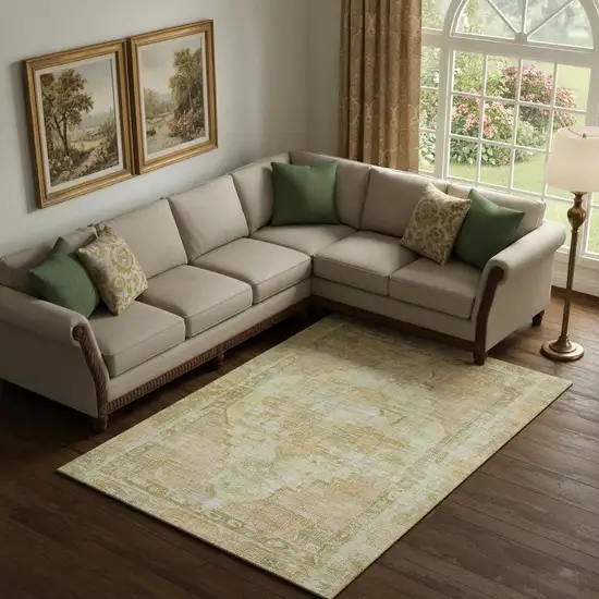 Gold And Ivory Oriental Washable Area Rug With UV Protection Photo 2