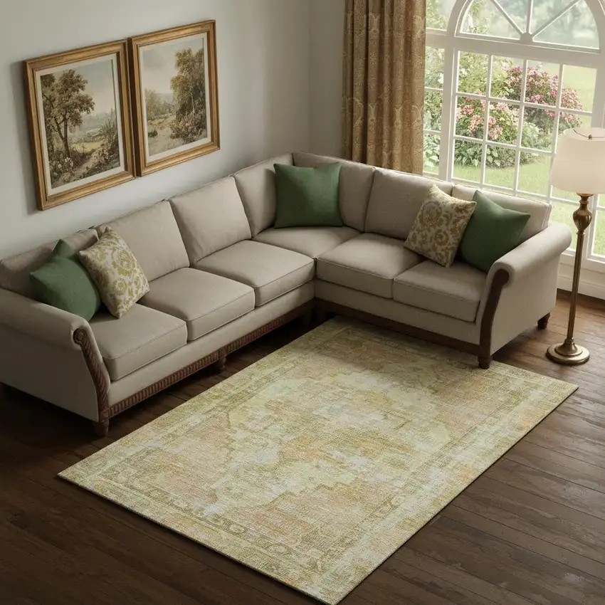 Gold And Ivory Oriental Washable Area Rug With UV Protection Photo 2