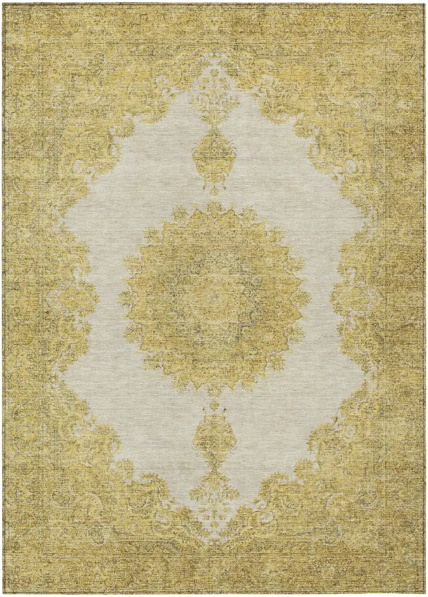 Gold And Ivory Oriental Washable Indoor Outdoor Area Rug Photo 2