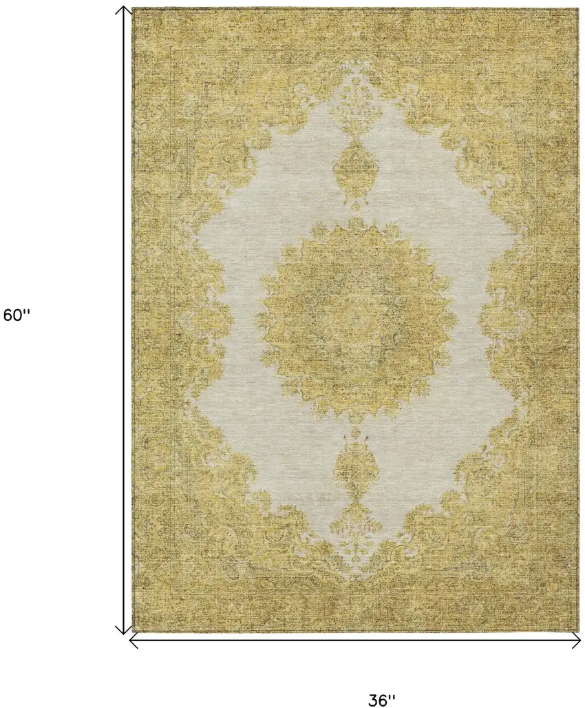 Gold And Ivory Oriental Washable Indoor Outdoor Area Rug Photo 3