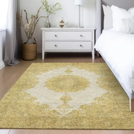 Gold And Ivory Oriental Washable Indoor Outdoor Area Rug Photo 8