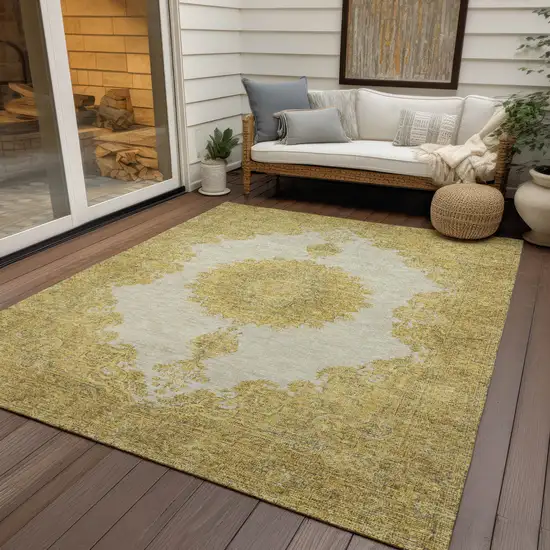 Gold And Ivory Oriental Washable Indoor Outdoor Area Rug Photo 6