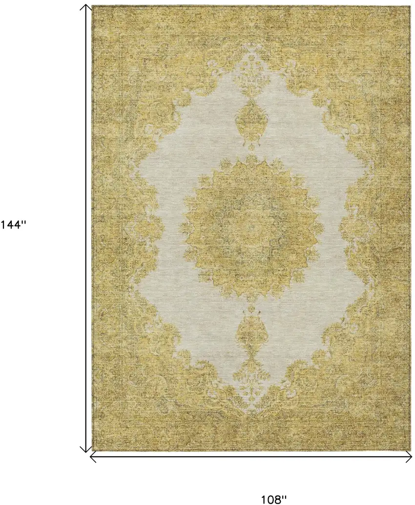 Gold And Ivory Oriental Washable Indoor Outdoor Area Rug Photo 3