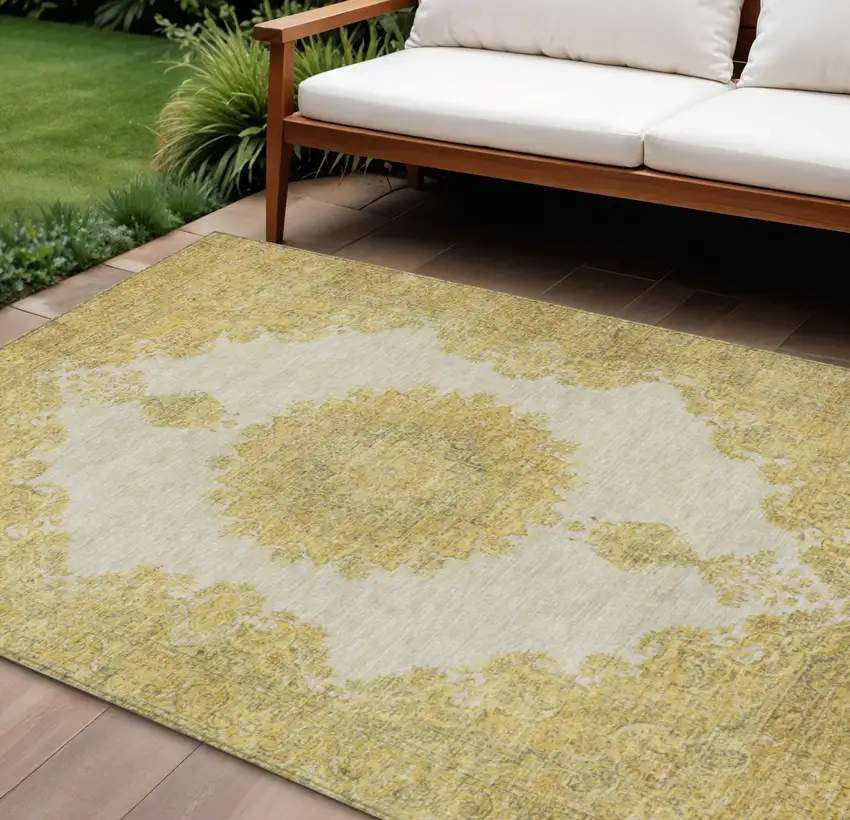 Gold And Ivory Oriental Washable Indoor Outdoor Area Rug Photo 1