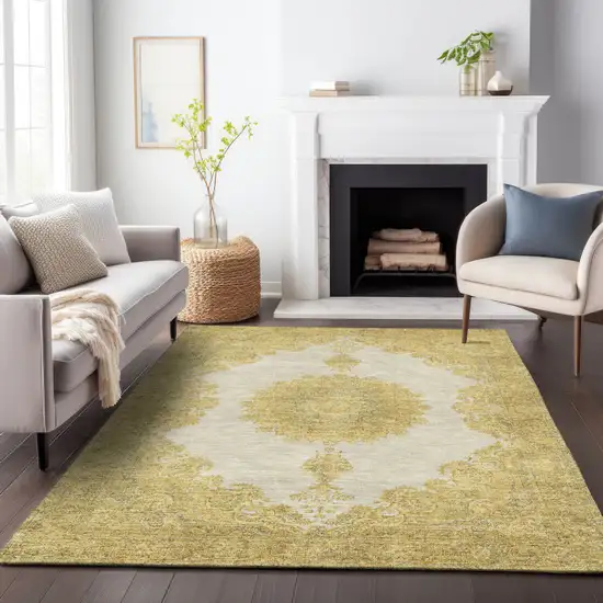 Gold And Ivory Oriental Washable Indoor Outdoor Area Rug Photo 9