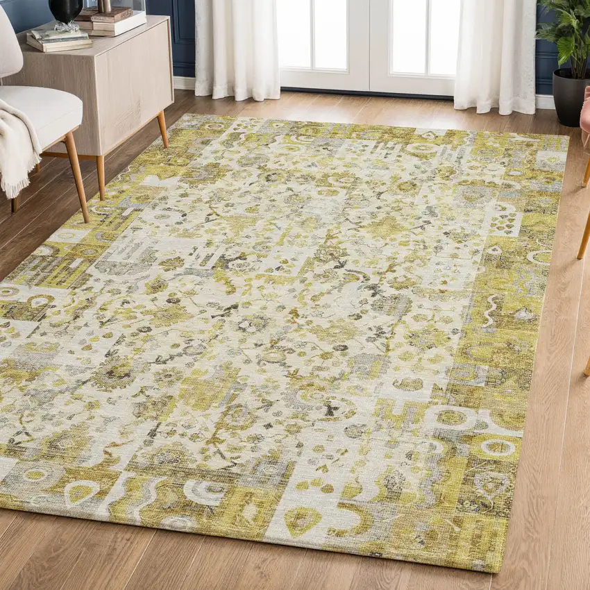 Gold And Ivory Patchwork Washable Area Rug With UV Protection Photo 6