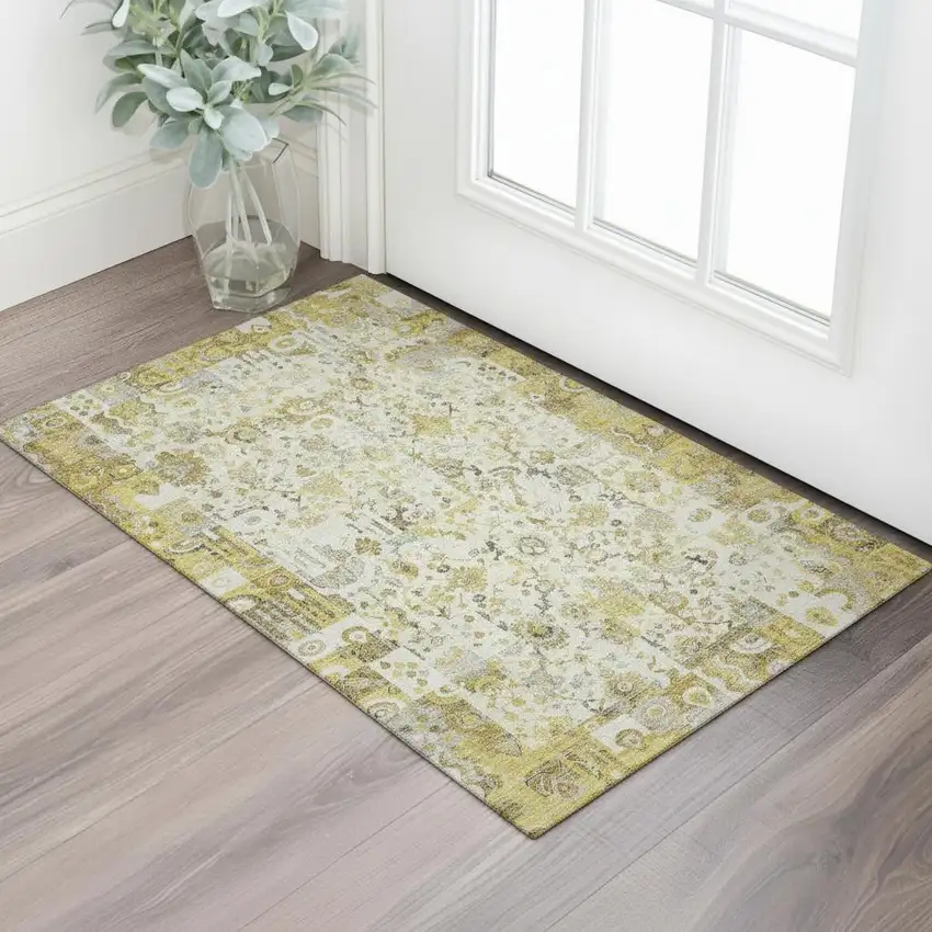 Gold And Ivory Patchwork Washable Area Rug With UV Protection Photo 2