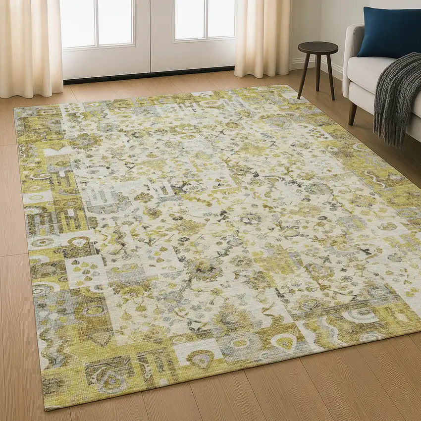 Gold And Ivory Patchwork Washable Area Rug With UV Protection Photo 5