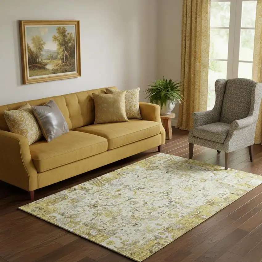 Gold And Ivory Patchwork Washable Area Rug With UV Protection Photo 2