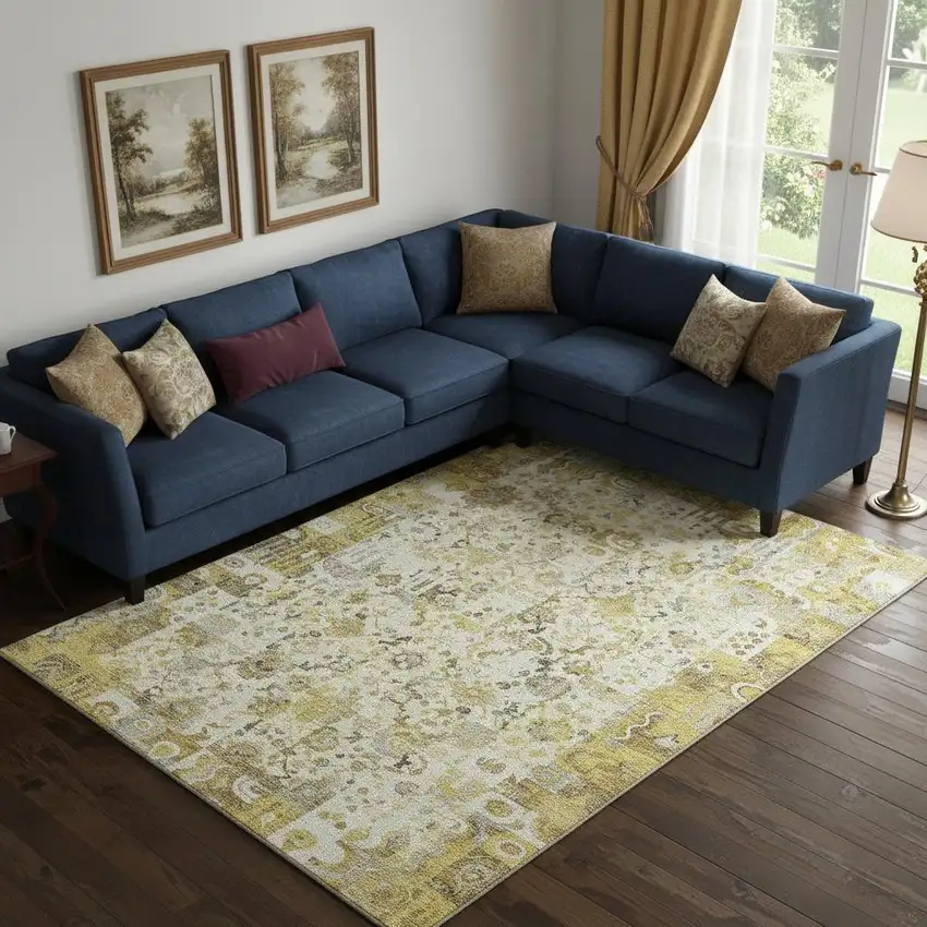 Gold And Ivory Patchwork Washable Area Rug With UV Protection Photo 2