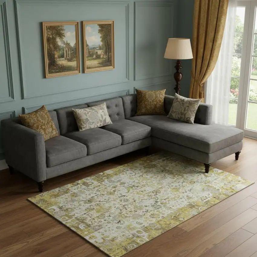 Gold And Ivory Patchwork Washable Area Rug With UV Protection Photo 2