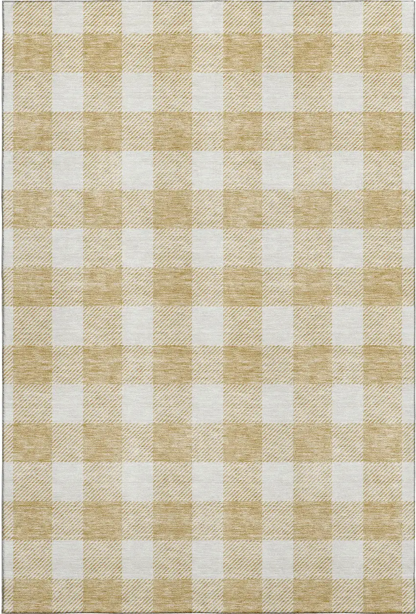 Gold And Ivory Plaid Washable Area Rug With UV Protection Photo 1