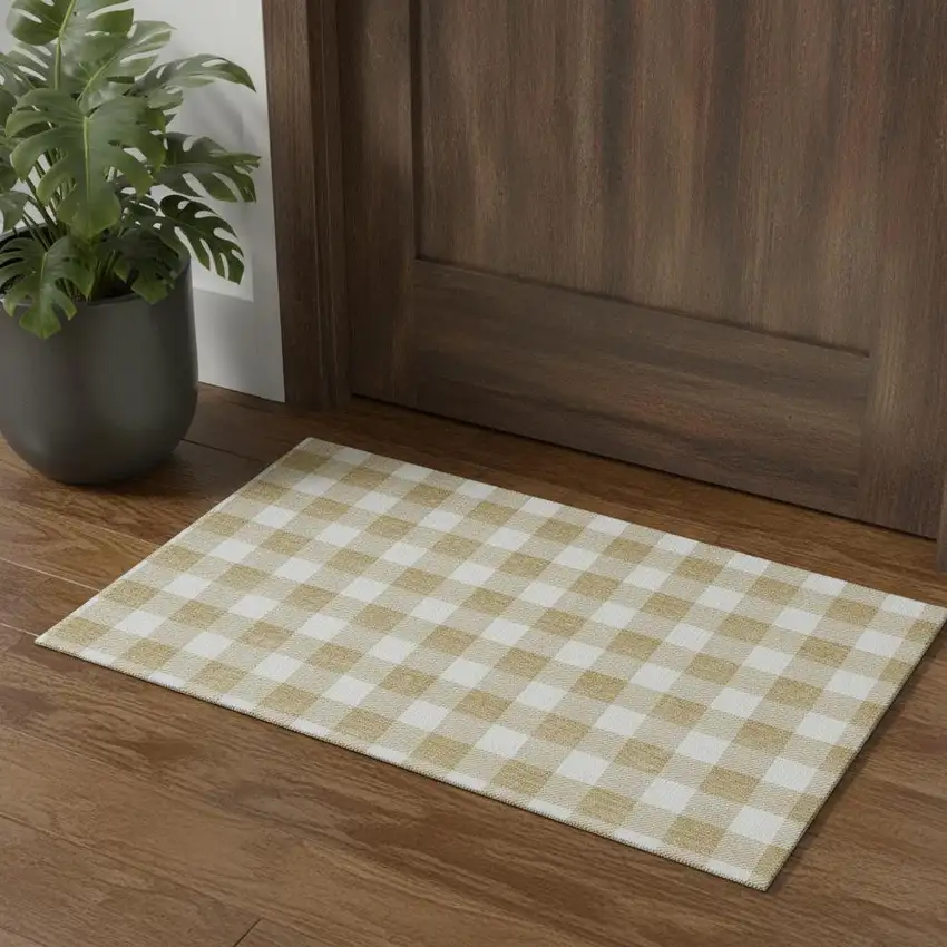 Gold And Ivory Plaid Washable Area Rug With UV Protection Photo 1