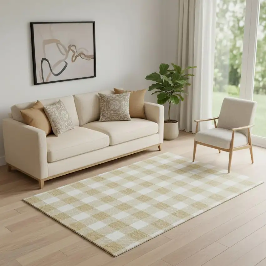 Gold And Ivory Plaid Washable Area Rug With UV Protection Photo 1