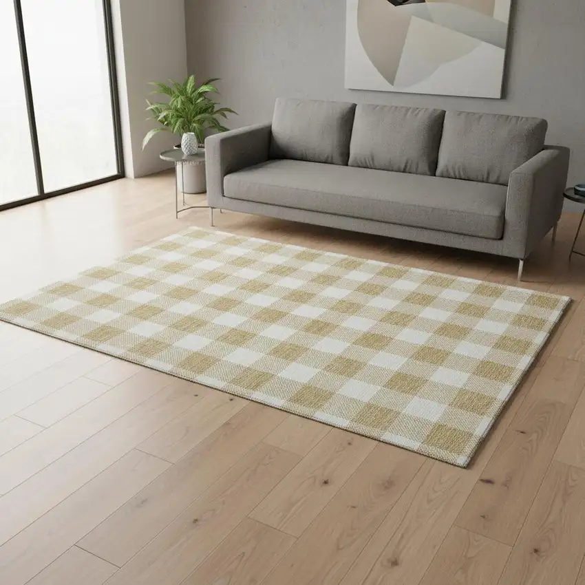 Gold And Ivory Plaid Washable Area Rug With UV Protection Photo 2