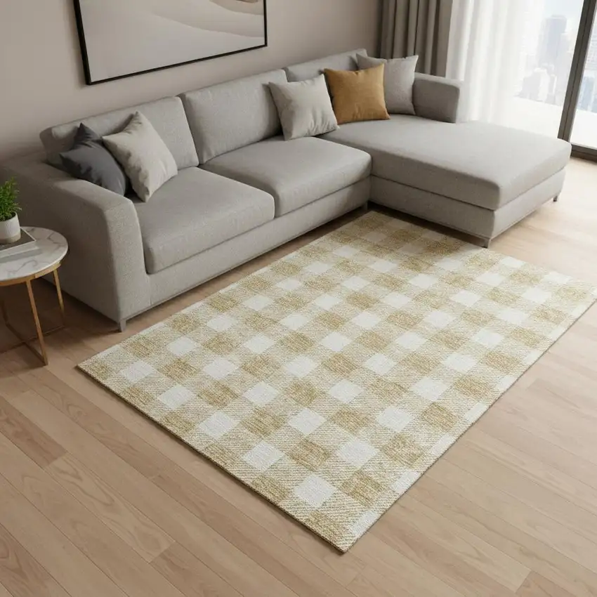 Gold And Ivory Plaid Washable Area Rug With UV Protection Photo 2