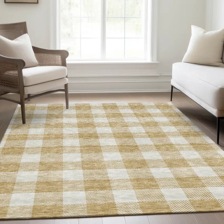 Gold And Ivory Plaid Washable Area Rug With UV Protection Photo 5