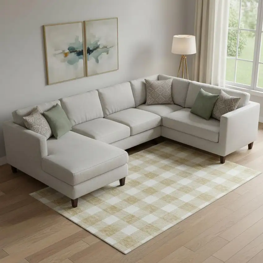 Gold And Ivory Plaid Washable Area Rug With UV Protection Photo 1