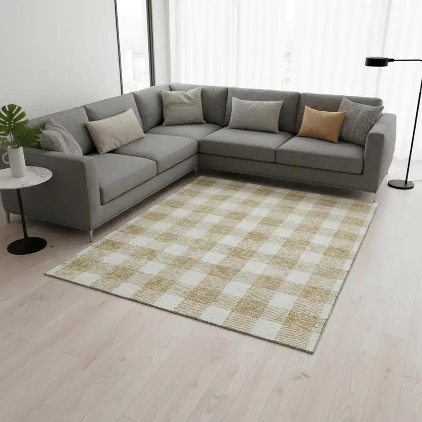 Gold And Ivory Plaid Washable Area Rug With UV Protection Photo 2