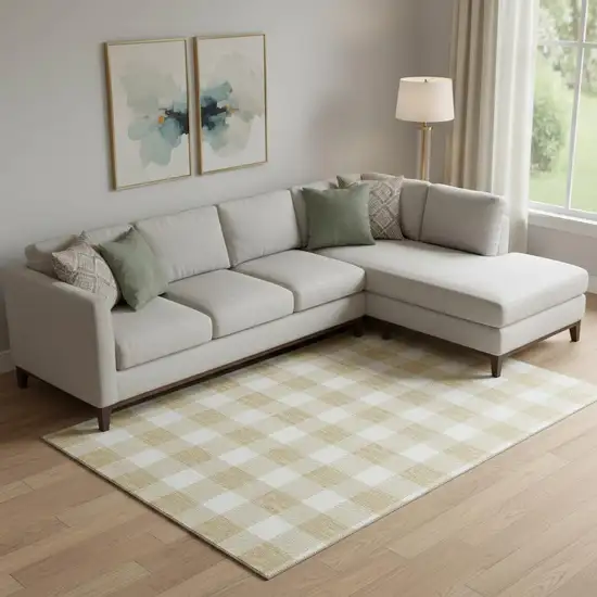 Gold And Ivory Plaid Washable Area Rug With UV Protection Photo 1
